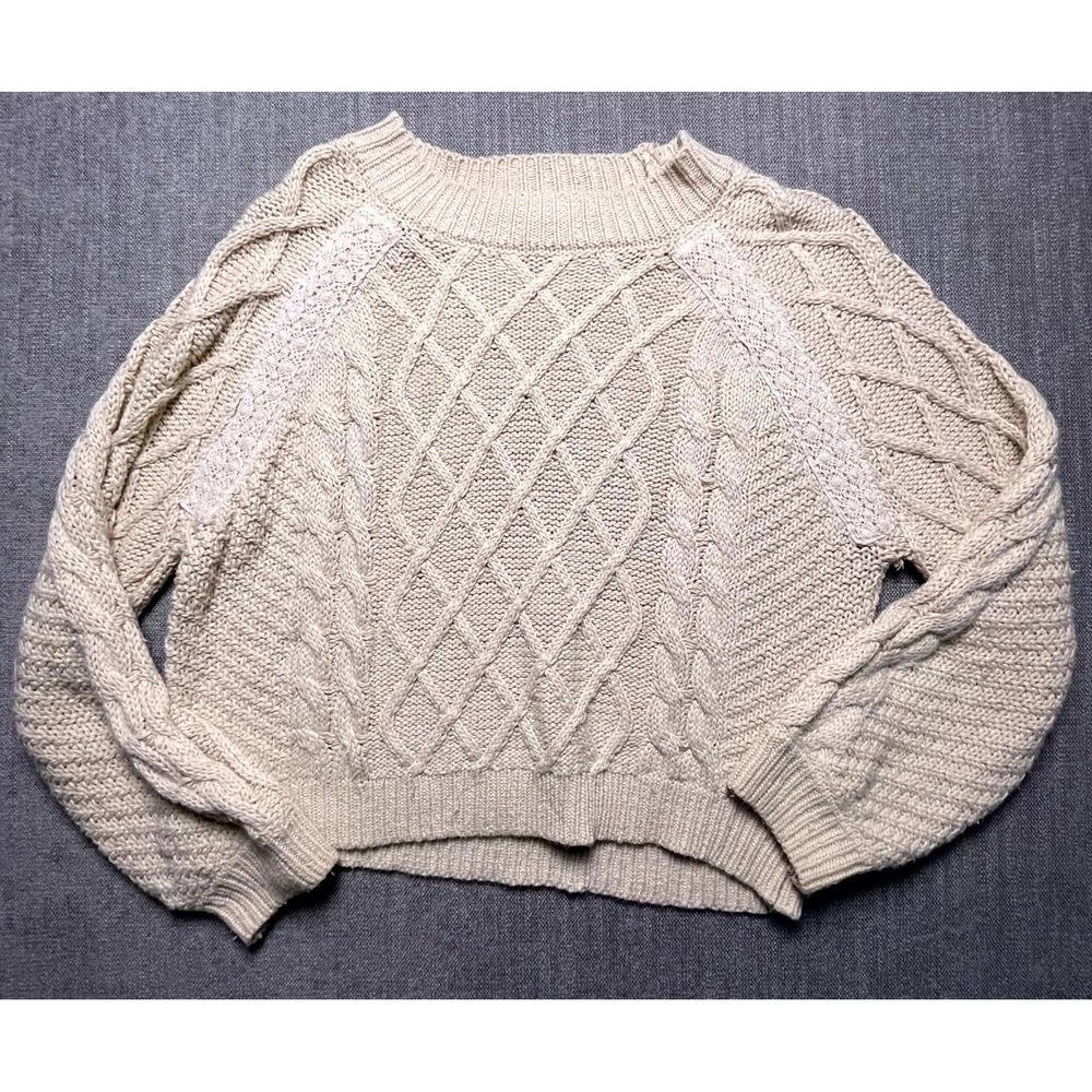 Coco Jaimeson Cropped Sweater Women Medium Beige Cable Knit Raglan Sleeve Winter